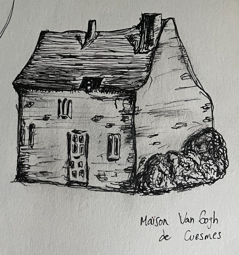 Architectural ink sketch of Maison Van Gogh de Cuesmes, showcasing historical masonry and window details.